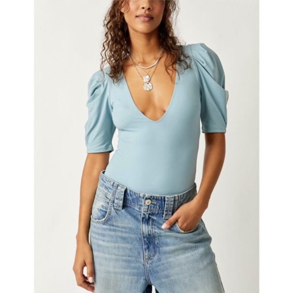 Free People Va Va Voop Bodysuit Blue Puff Sleeve Deep V NWOT Size M